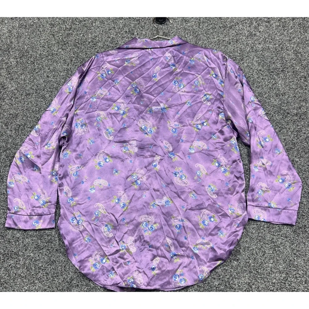 Vintage California Dynasty Pajama Top Womens L Purple Satin Floral Paisley Shirt